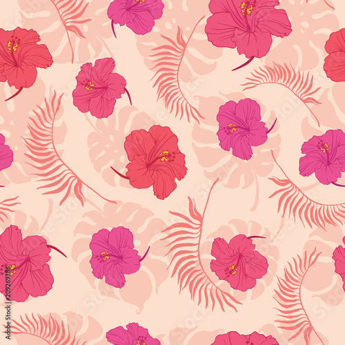 Tropical pink hibiscus flowers seamless pattern. Great for summer exotic wall...