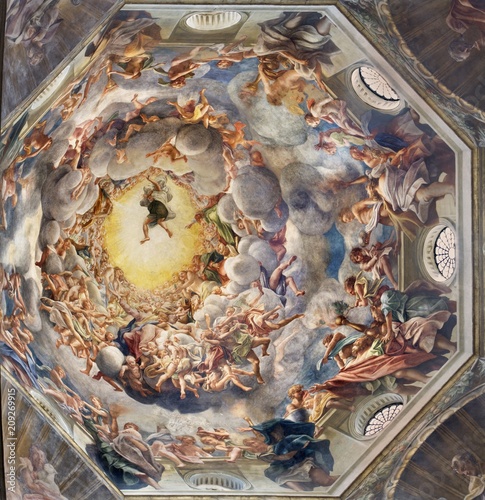 PARMA, ITALY - APRIL 16, 2018: The detail of fresco of Assumpcion of Virgin Mary in cupola of Duomo by Antonio Allegri (Correggio - 1526-1530).