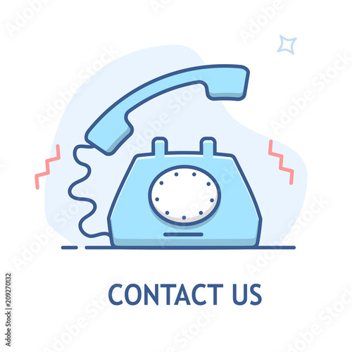Contact us vector line design. Old telephone ringing vector illustration.