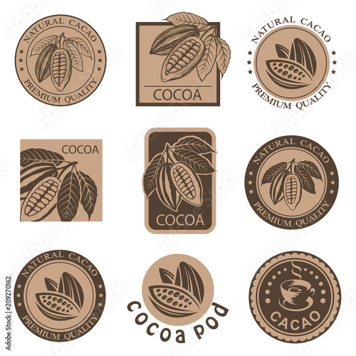 collection of labels with cocoa beans and leaves