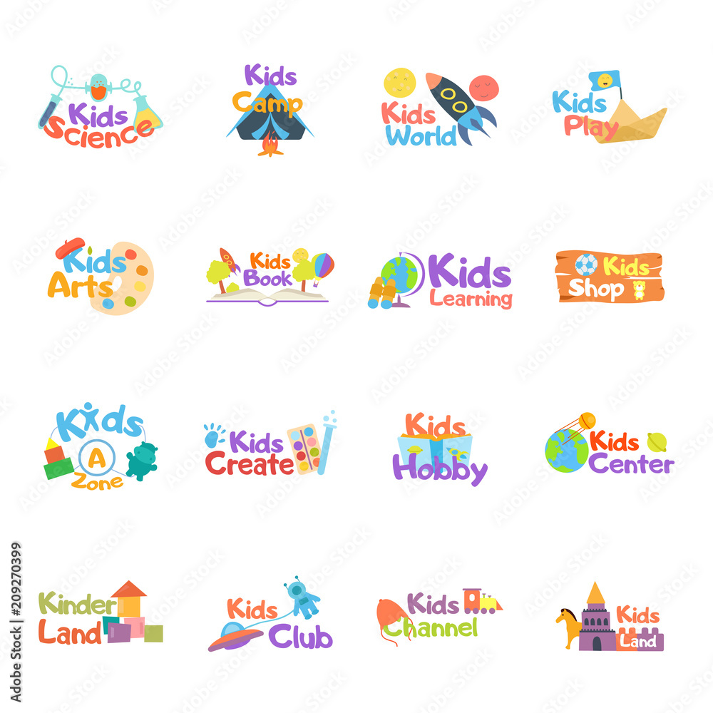 Kids logo vector set. Logo collection of kids club, land, playground, zone, hobby, arts. Colorful promo signs and creative idea for children's playing space. Vector icons and symbols set of child logo