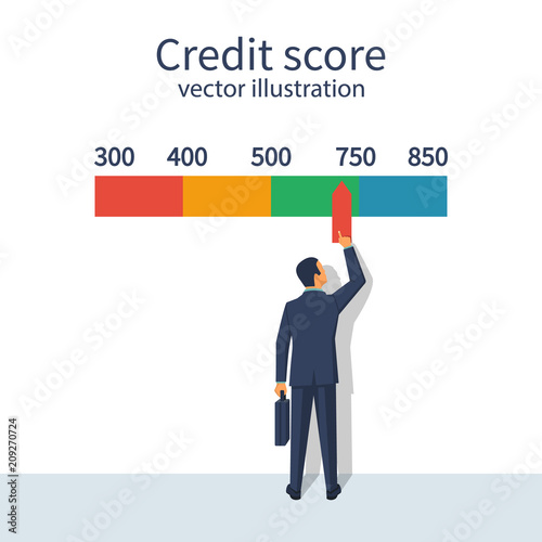 Credit score, gauge. Man changing personal credit information. Report form document. Vector illustration flat design. Isolated on white background. Graph sheet.
