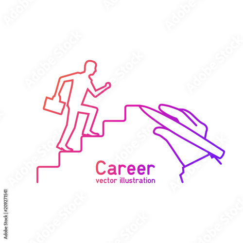 Businessman is climbing career ladder minimal design color outline. Hand drawing stairs up. Concept of business development. Vector illustration isolated on white background. Step by step.