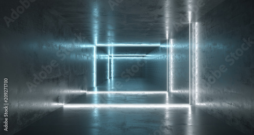 Long Concrete Tunnel With Different Light Stripes And Empty Space With Reflections.3D Rendering