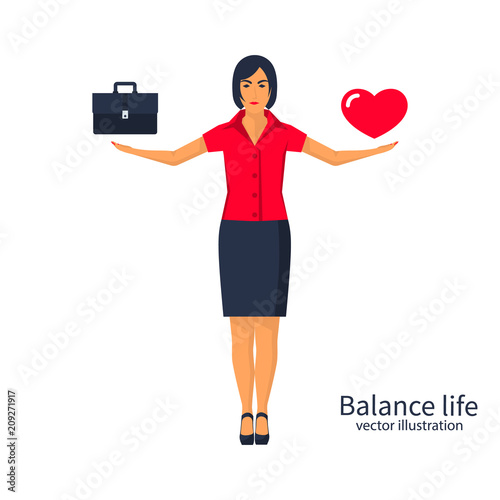 Balance life and work. Businesswoman chooses between business and love. Holding heart and briefcase. Vector illustration flat design. Isolated on white background. Career and lifestyle.