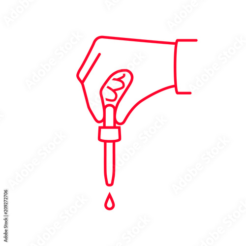 Pipette in hands doctor icon color line. Falling drop of liquid. Treatment colds. Medicament preparations. Pain killers. Vaccination flu. Vector illustration flat design. Isolated on white background