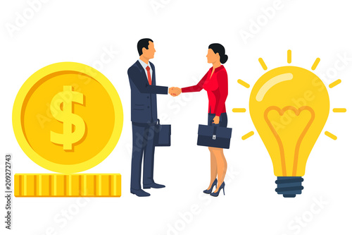 Business people on the deal shake hands, exchange money for an idea. Investment creative projects. Buy idea. Vector illustration flat design. Isolated on white background.