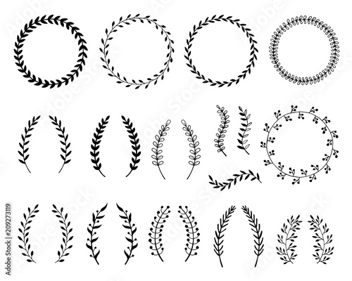 Hand drawn illustration of branches and leaves. Design elements