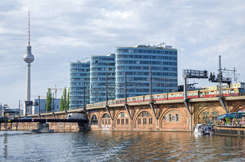 Trias Towers, Stadtbahn viaduct and the television tower in Berlin, Germany