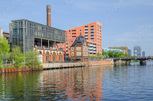 Radialsystem V with its building of the machine hall  and the Living-Levels tower block on the banks of the river Spree in Berlin