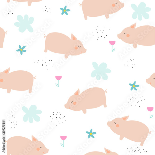 Cute pink pig seamless pattern. Vector hand drawn illustration.