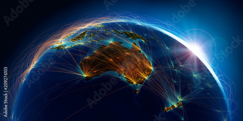 Planet Earth with detailed relief is covered with a complex luminous network of air routes based on real data. Australia and New Zealand. 3D rendering. Elements of this image furnished by NASA photo
