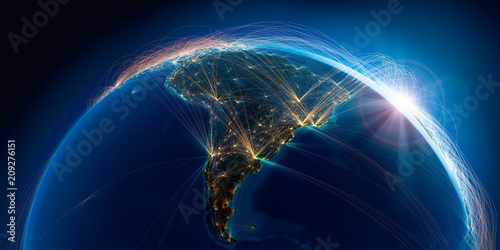 Fototapeta Naklejka Na Ścianę i Meble -  Planet Earth with detailed relief is covered with a complex luminous network of air routes based on real data. South America. 3D rendering. Elements of this image furnished by NASA