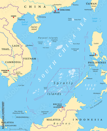 South China Sea Islands, political map. Islands, atolls, cays, shoals, reefs and sandbars. Partially claimed by China and other neighboring states. Paracel and Spratly Islands. Illustration. Vector. photo