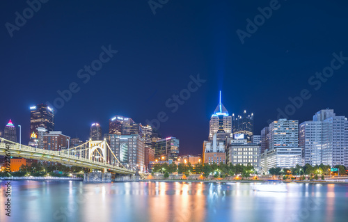 pittsburgh pennsylvania usa   8-21-17. pittsburgh skyline at night with reflection in the water.