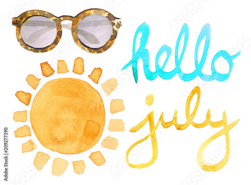 Watercolor illustration of summer symbols like yellow sun, sunglasses and handwritten calligraphic July lettering photo