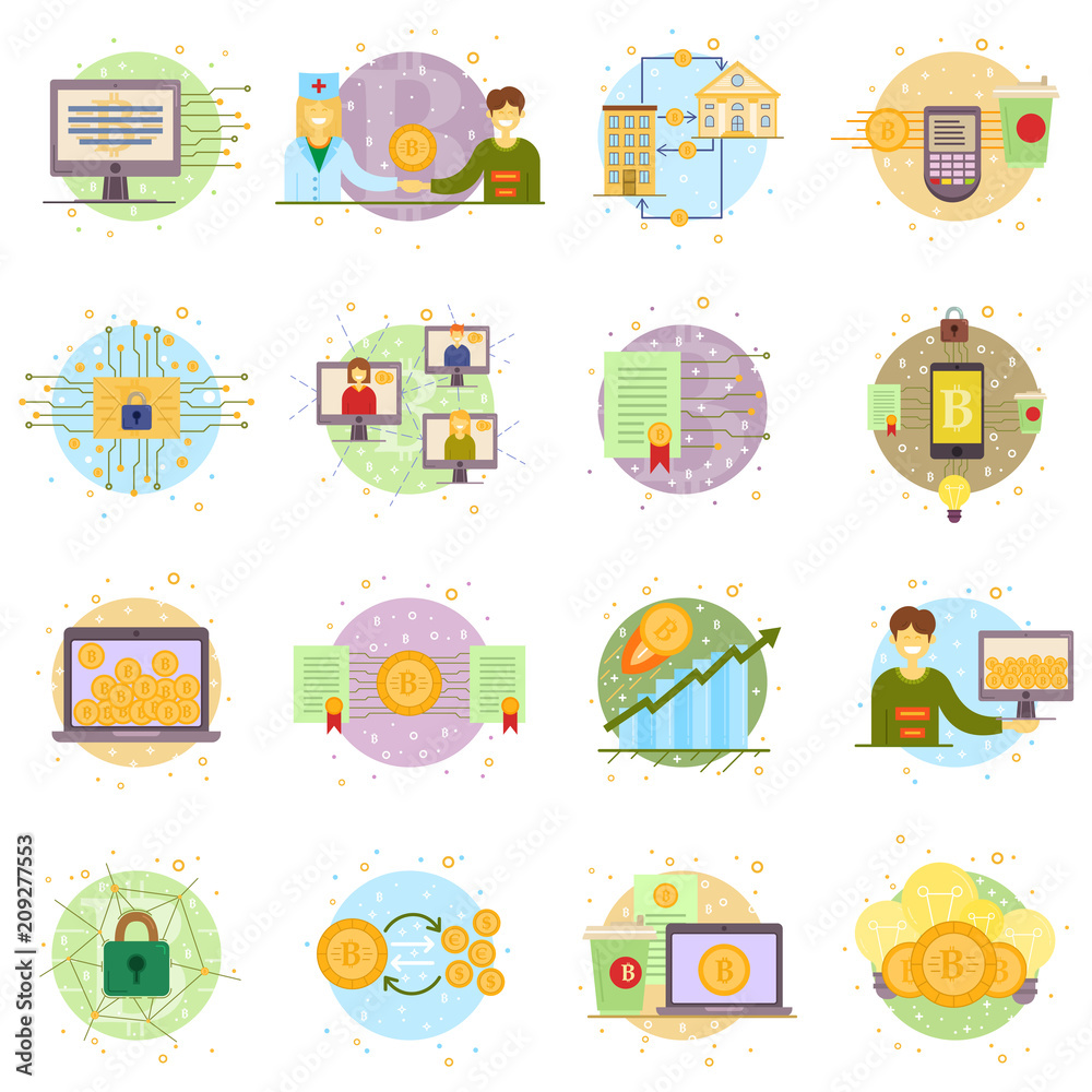 Cryptocurrency process and mining set. Flat vector illustration ...