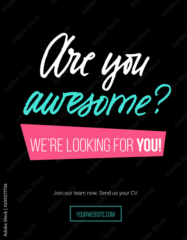 Hiring poster design concept with pink, white, blue colors and black background. lettering inscription 