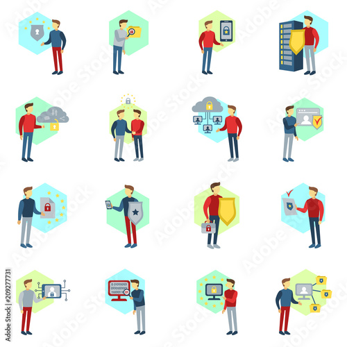 GDPR vector set. General Data Protection Regulation icons and badges vector collection. GDPR process illustration with people. Concept vector design. GDPR elements: computer, data base, shield, star