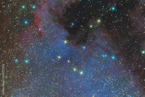 emission nebula of North America in the constellation Swan and is a region of ionized hydrogen. Photo of the nebula and the star field through the telescope system Newton