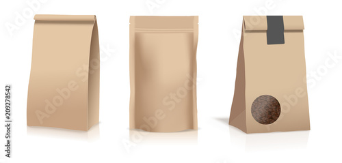 Food paper pouch bags isolated on white background. Vector illustration. Front view.