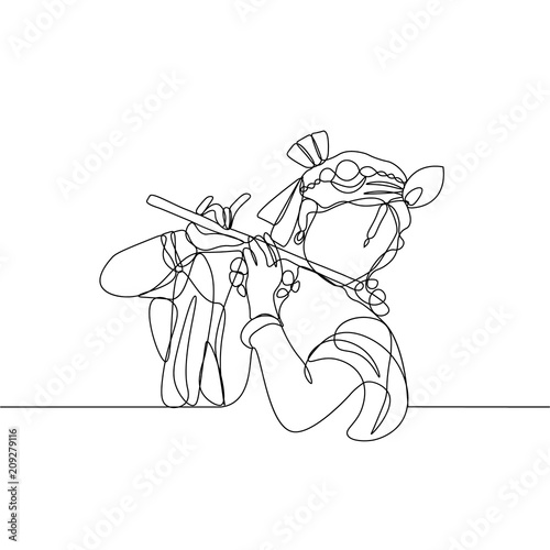 continuous line drawing. Krishna plays the flute. Silhouette