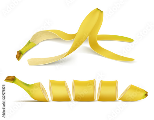 Vector 3d realistic tropical banana pile with slices. Yellow exotic sweet fruit isolated on white background for ad banner, poster. Mock up, template of vegetarian nutrition