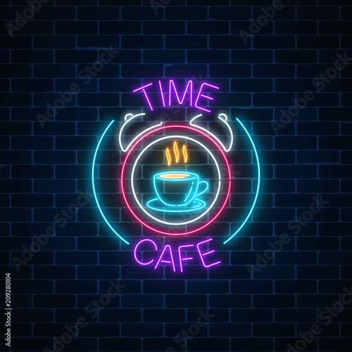 Neon sign of time-cafe with coffee cup in clock on dark brick wall background. Glowing symbol of anti-cafe