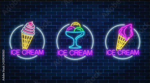 Set of three neon glowing signs of different kinds of ice cream in circle frames. Ice-cream light billboard symbol.