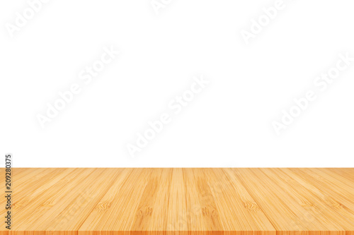 Perspective empty brown wooden table with white background including clipping path for product display montage or design layout.