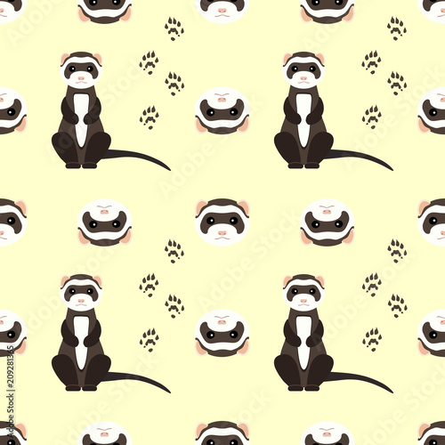 Seamless pattern with cute ferret with footprints. Vector flat design illustration.