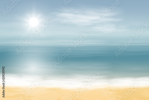 Fototapeta Naklejka Na Ścianę i Meble -  Beach and tropical sea with bright sun. Pastel colors. Travel concept. EPS10 vector.
