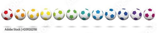 Soccer balls. Lined up with different colors. Rainbow colored three-dimensional isolated vector illustration on white background.