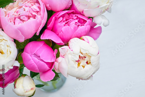 Bouquet of pink and white peony. Flowers background. Top view, copy space.