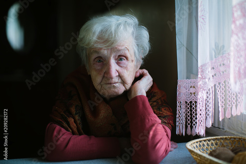 Portrait of an elderly woman in her house. Сare of seniors.
