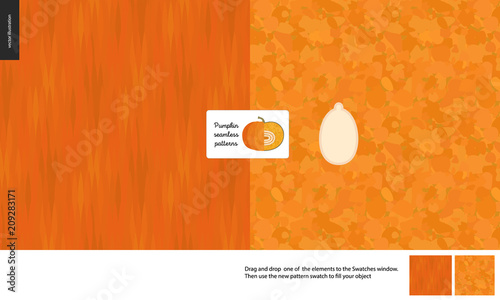 Food patterns, vegetable, flat vector illustration - pumpkin texture - small cut pumpkin, seed image and two seamless patterns of uneven pumpkin fresh pulp and dark orange geometrical rind