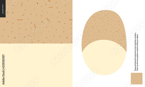 Food patterns, vegetable, flat vector illustration - potato peel texture - small cut potato image and a seamless pattern of uneven potato rind