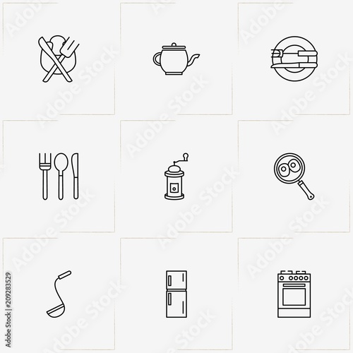 Kitchen line icon set with frying pan , cutlery  and strainer