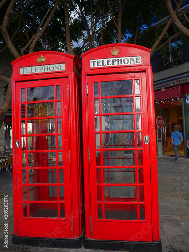 Red telephone Boxes on the Rock of Gibraltar at the entrance to the Mediterranean Sea