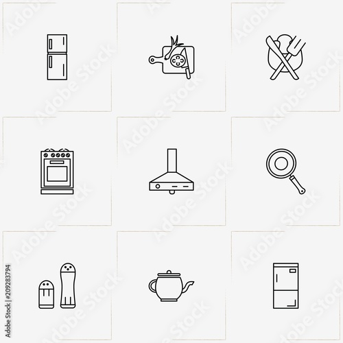Kitchen line icon set with tea pot , kitchen aspirator  and cooking