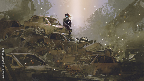post-apocalyptic scene showing the woman with a mask sitting on pile of wrecked cars, digital art style, illustration painting photo
