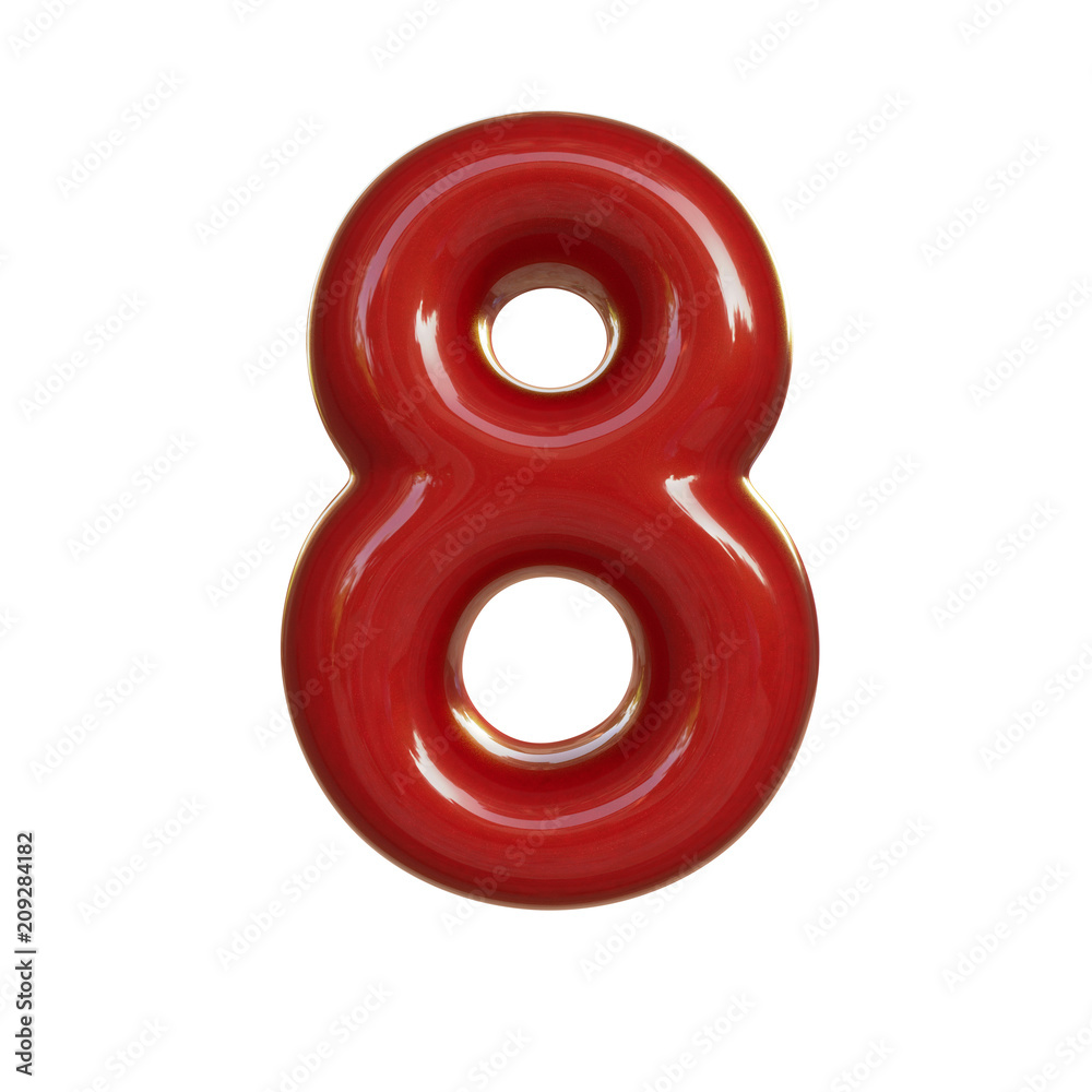Glossy red number eight, 8. 3D render of bubble font isolated on white background Glossy red number eight, 8. 3D render of bubble font isolated on white background