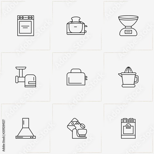 Kitchen Application line icon set with mixer , kitchen aspirator  and meat grinder