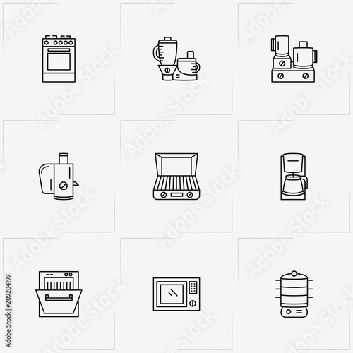Kitchen Application line icon set with multicooker , microwave and gas stove