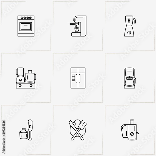 Kitchen Application line icon set with cooking, mixer  and food processor