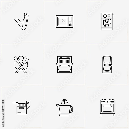 Kitchen Application line icon set with pocket knife, juicer and cooking
