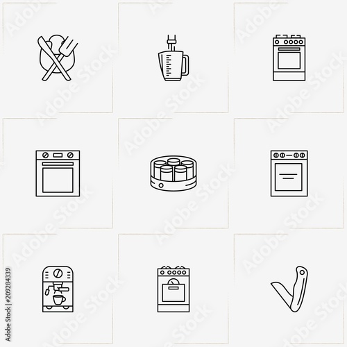 Kitchen Application line icon set with yoghurt maker, pocket knife and stove