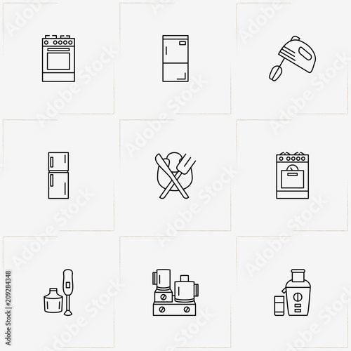 Kitchen Application line icon set with juicer, food processor and mixer