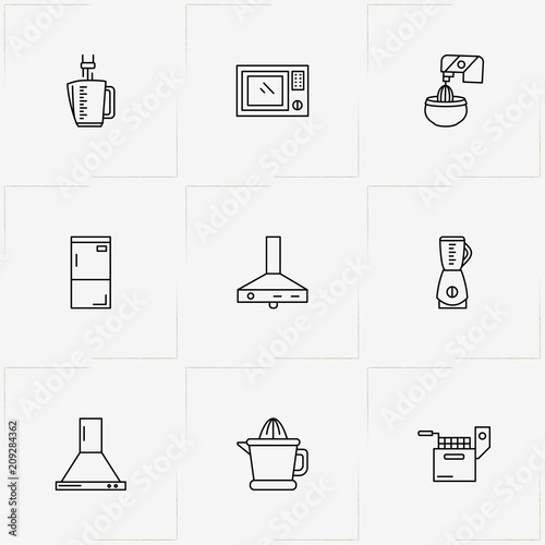 Kitchen Application line icon set with fryer, kitchen aspirator  and refrigerator