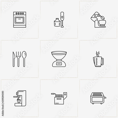 Kitchen Application line icon set with mixer , coffee machine  and stove